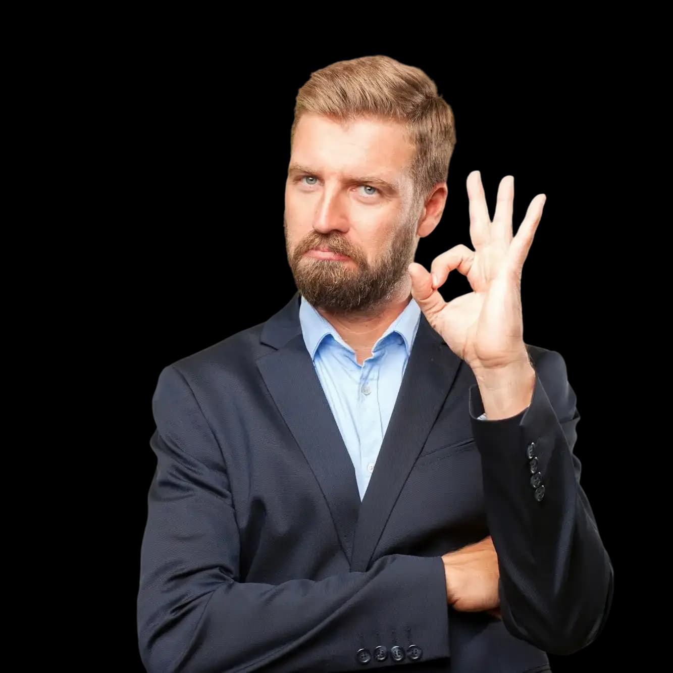 Business professional in a suit making an okay hand gesture, representing satisfaction and confidence