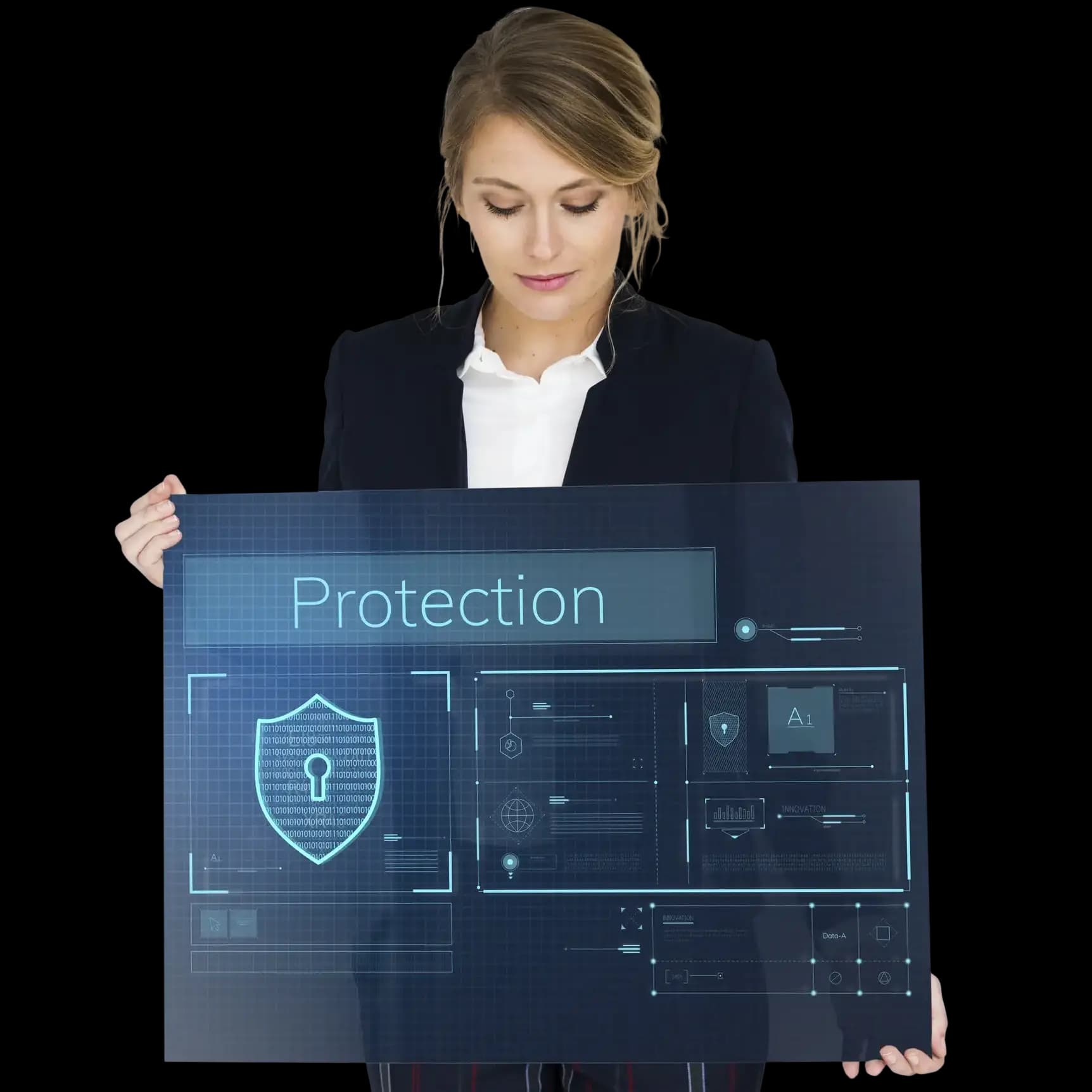 A business professional in formal attire holding a digital screen displaying the word 'Protection' and a lock symbol—representing privacy and security benefits of appointing a registered agent for your business.
