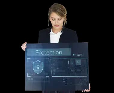 A business professional in formal attire holding a digital screen displaying the word 'Protection' and a lock symbol—representing privacy and security benefits of appointing a registered agent for your business.