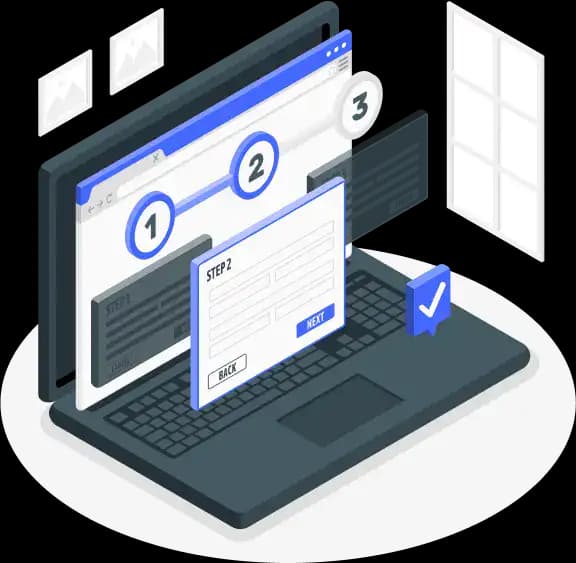 Laptop illustration displaying a step-by-step online dissolution process, with step 2 form active and a checkmark symbol, representing easy and secure business dissolution filing.